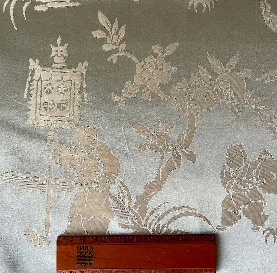 Asian Toile Sea Glass Mist Silk Satin Brocade Jacquard