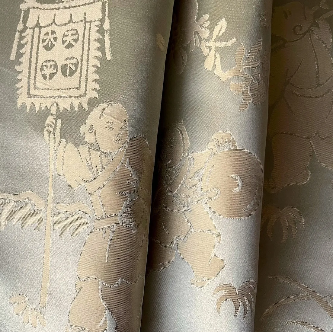 Asian Toile Sea Glass Mist Silk Satin Brocade Jacquard