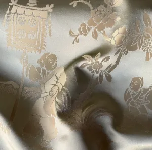 Asian Toile Sea Glass Mist Silk Satin Brocade Jacquard