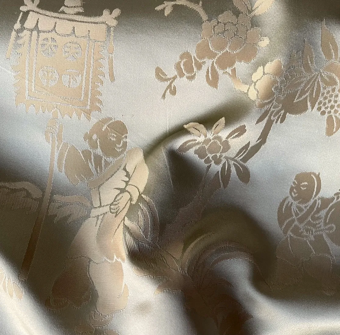 Asian Toile Sea Glass Mist Silk Satin Brocade Jacquard