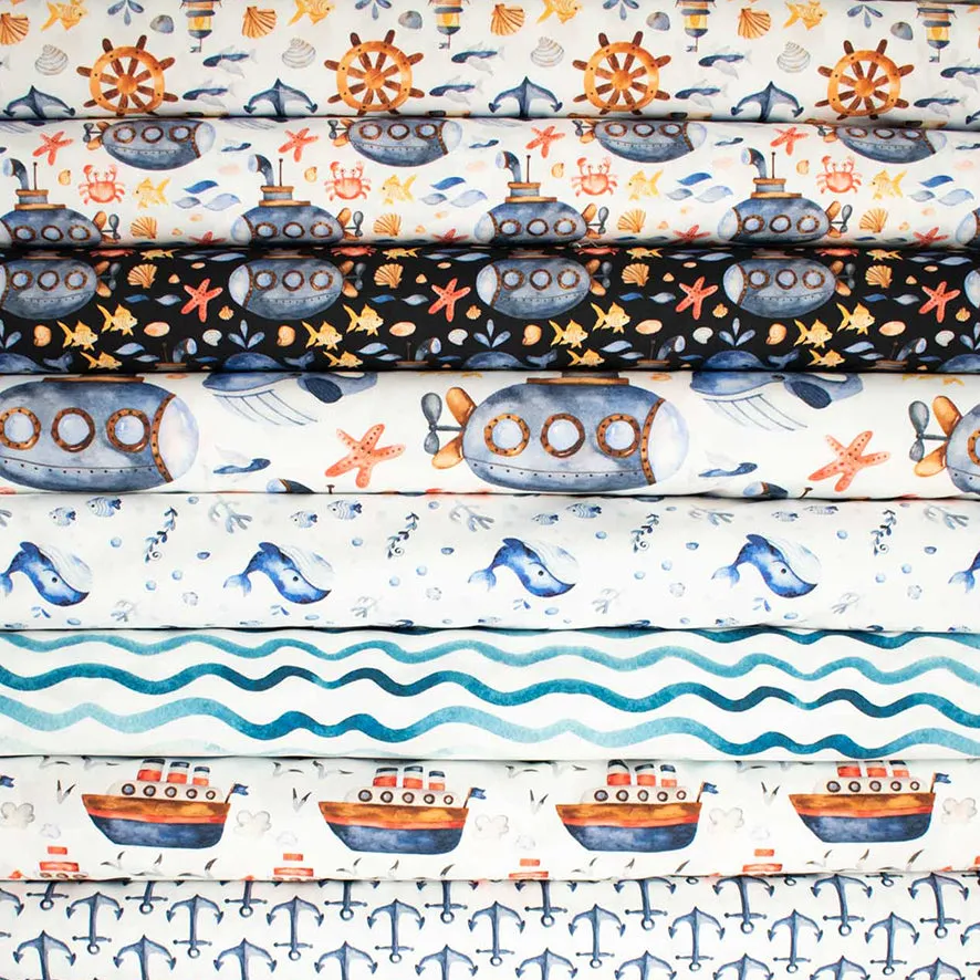 Blue Sea Collection #08 Red Starfish & Sea Life on White Cotton Prints