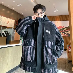 Cargo Male Padded Jackets Hooded Camouflage Letter Pattern Drwastring Striped Casual Lamb Wool Casual Men's Coats CPG2535