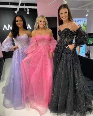 Chic A-line Sweetheart Prom Dresses Long Sleeve Sparkly Formal Dresses MLH20256