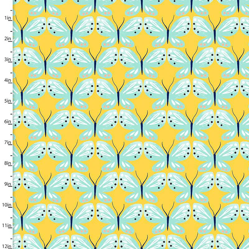 Fabric Editions Madison Turquoise Butterfly on Yellow Cotton Prints