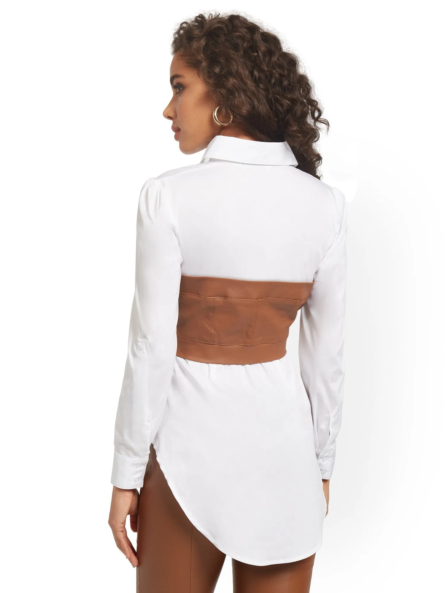 Faux-Leather Bustier Button-Down Twofer Blouse