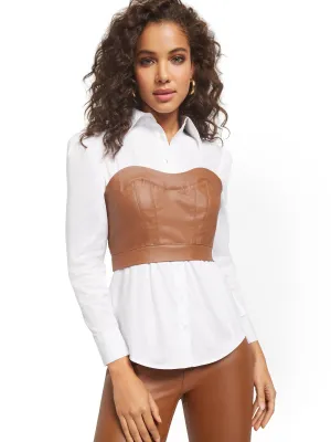 Faux-Leather Bustier Button-Down Twofer Blouse