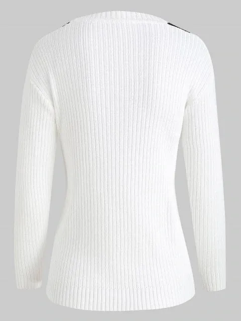 Graceful Shoulder Contrast Ribbed Sweater