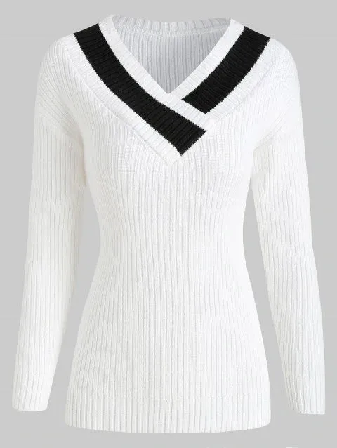 Graceful Shoulder Contrast Ribbed Sweater