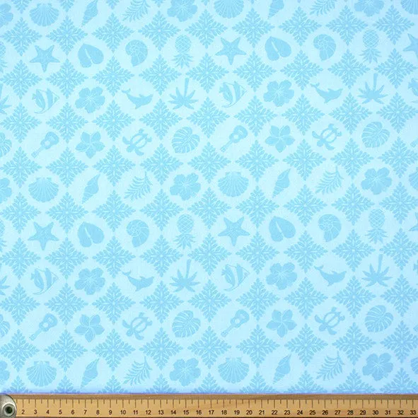 Hawaii Style Collection #16 Flower, Leaves & Sea Life on Blue Cotton Prints