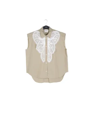 Khaki cotton sleeveless shirt with lace embroidered trimmings