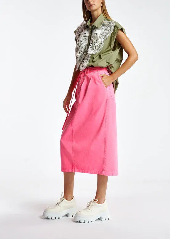 Khaki cotton sleeveless shirt with lace embroidered trimmings