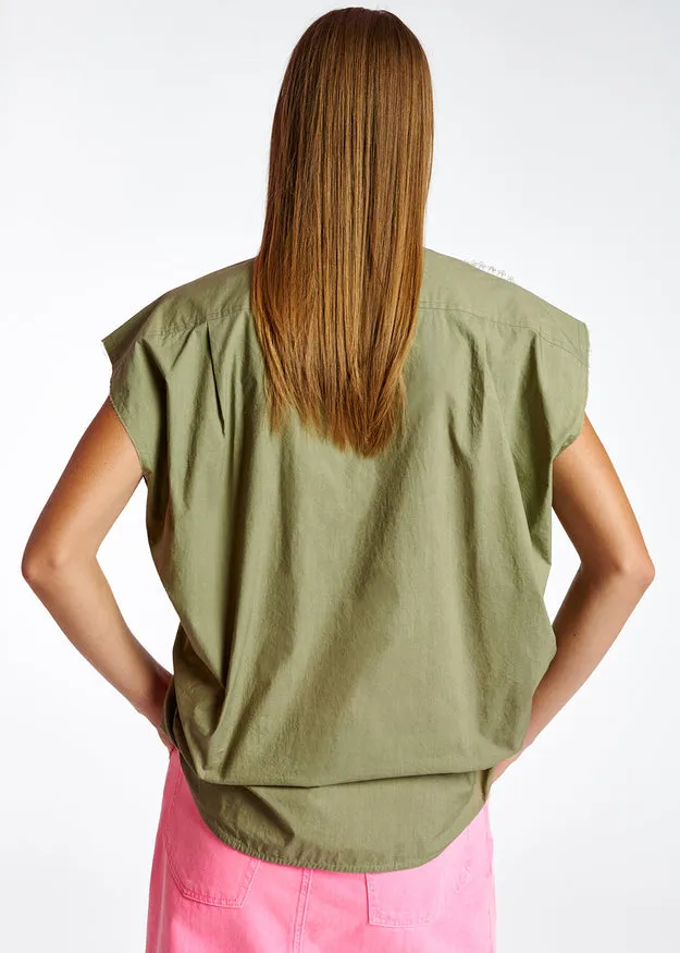 Khaki cotton sleeveless shirt with lace embroidered trimmings