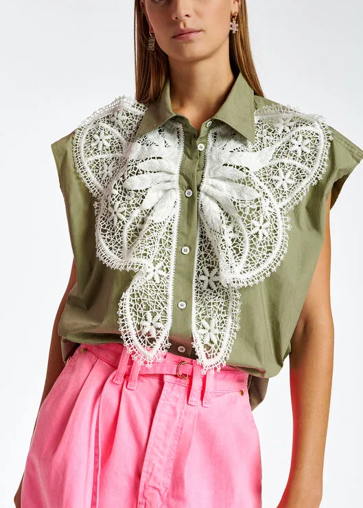 Khaki cotton sleeveless shirt with lace embroidered trimmings