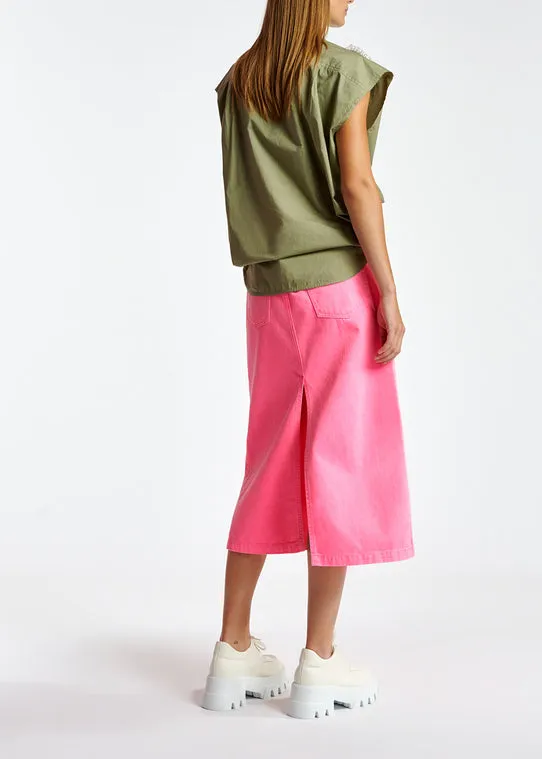 Khaki cotton sleeveless shirt with lace embroidered trimmings