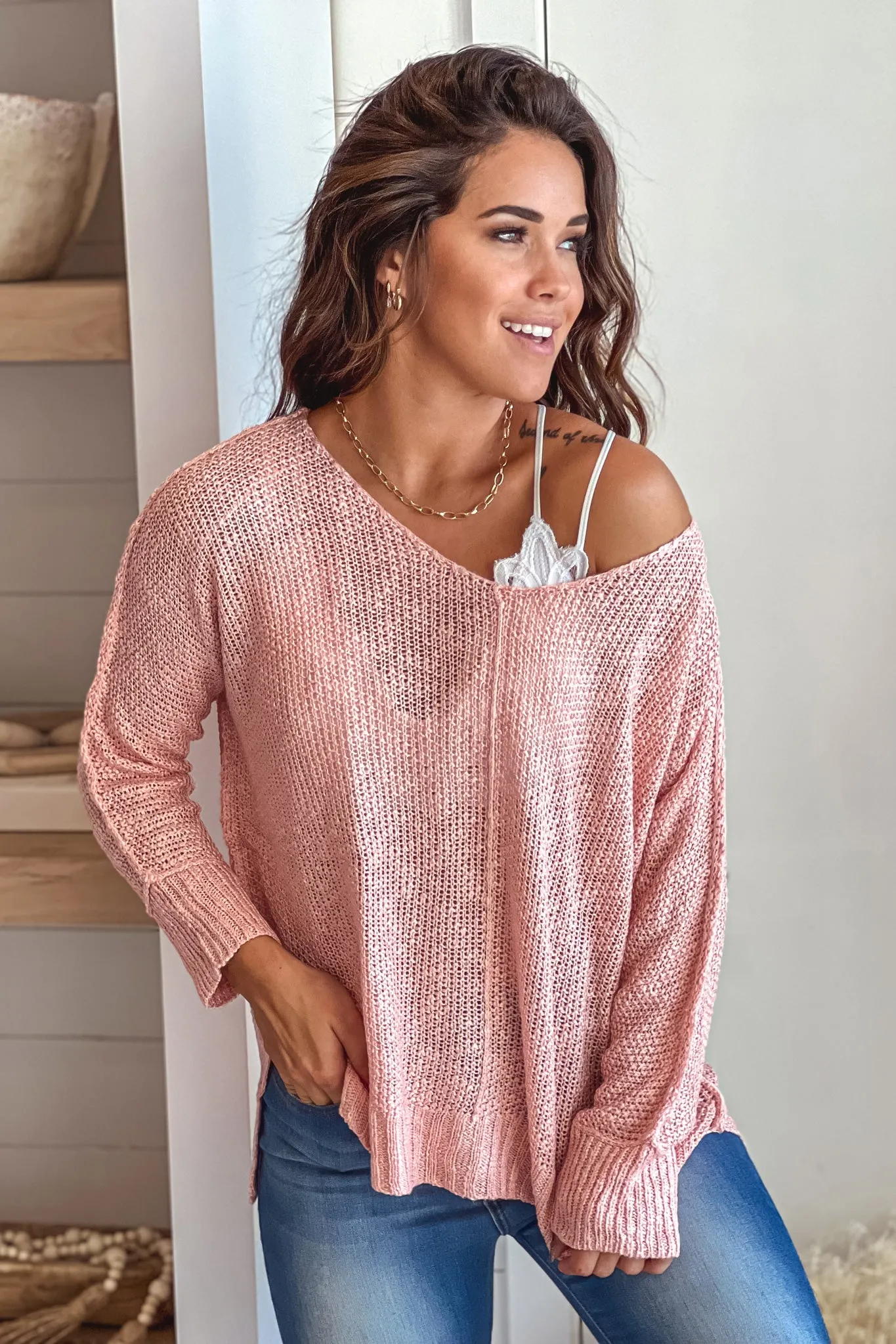 Light Pink V-Neck Knit Top With Long Sleeves