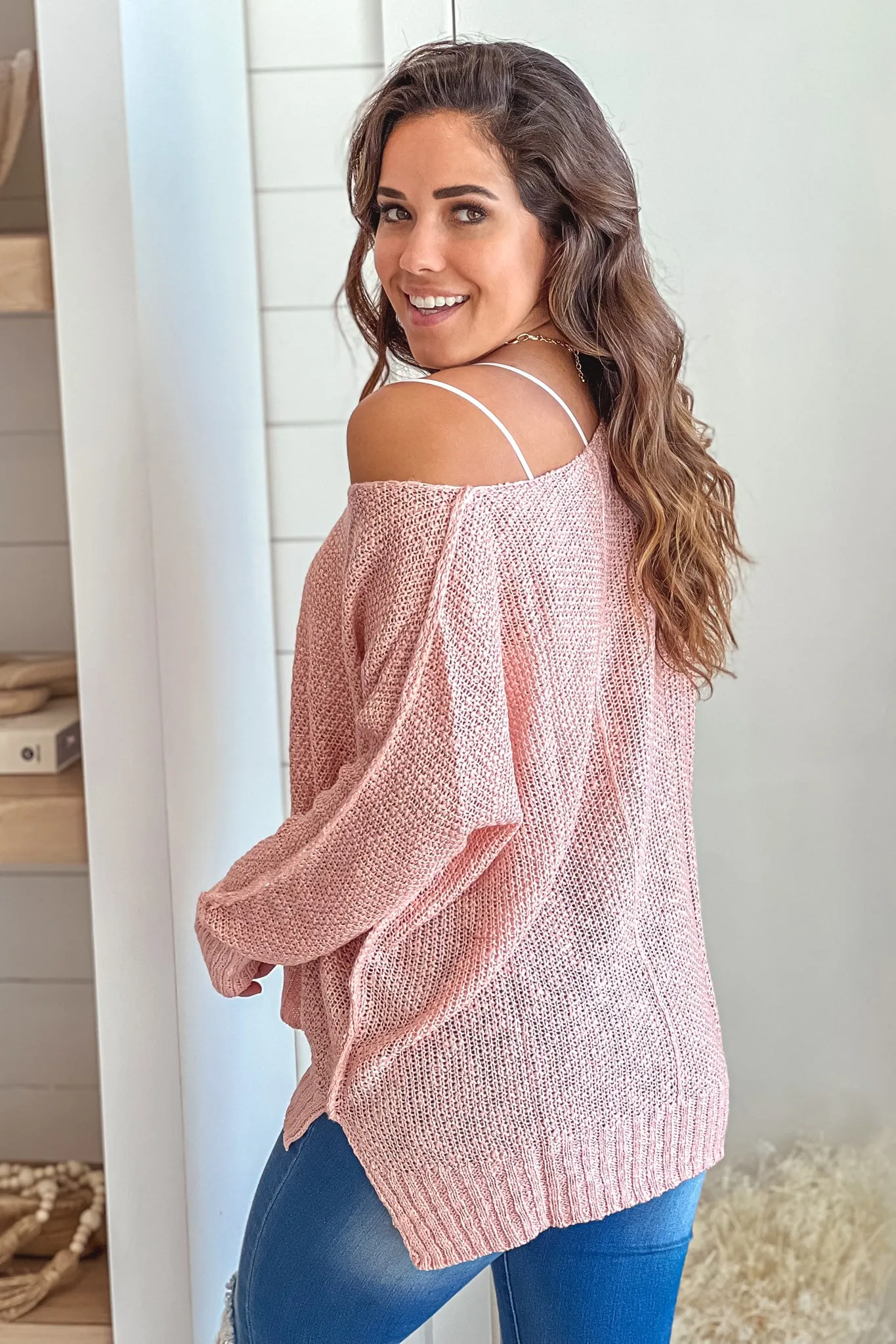 Light Pink V-Neck Knit Top With Long Sleeves