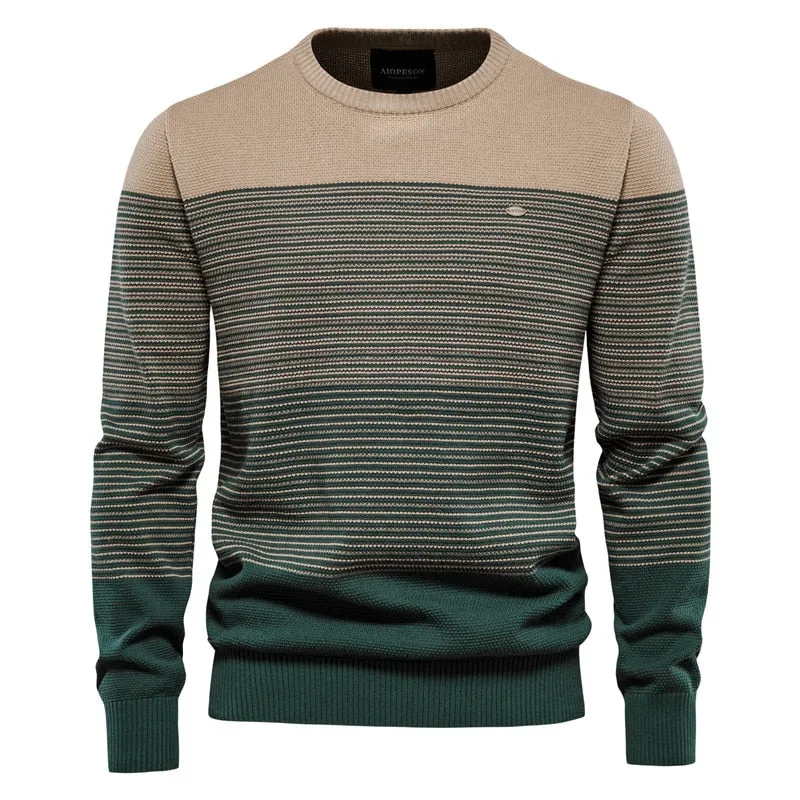 Men Cotton Casual O-Neck Striped Sweater