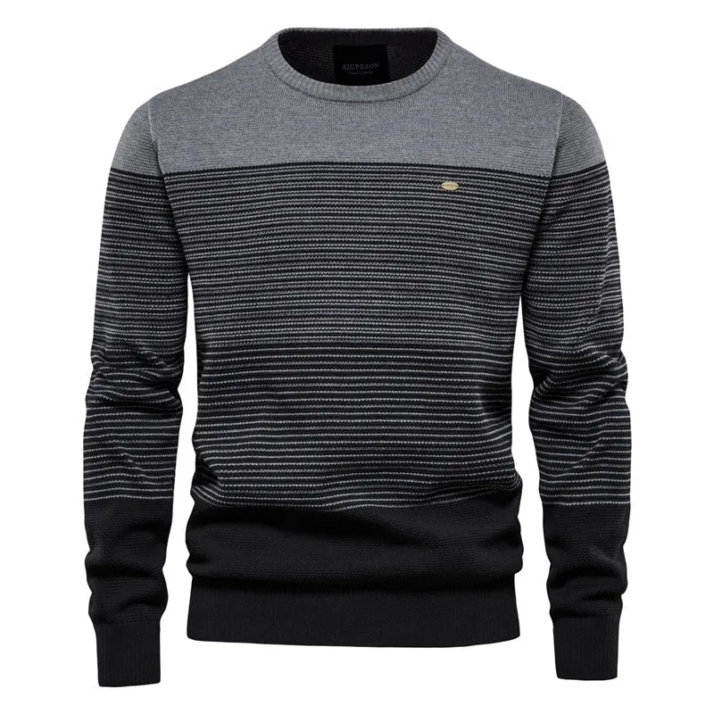 Men Cotton Casual O-Neck Striped Sweater