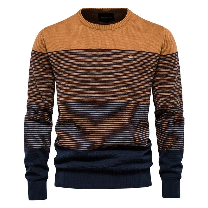 Men Cotton Casual O-Neck Striped Sweater