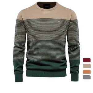 Men Cotton Casual O-Neck Striped Sweater