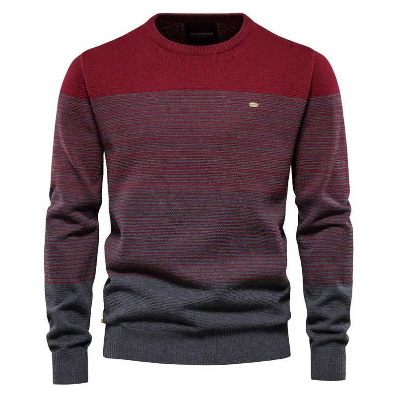 Men Cotton Casual O-Neck Striped Sweater