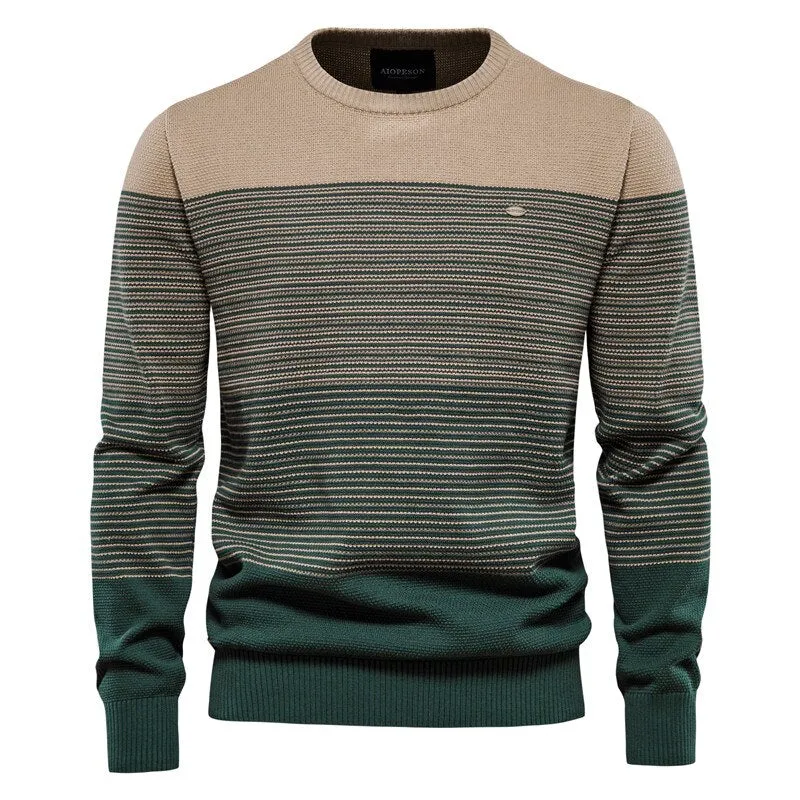 Men Cotton Casual O-Neck Striped Sweater