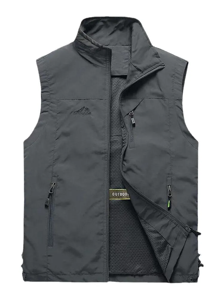 Men's High Collar Outdoor Sports Warm Vest with Zipper and Multi-Pockets