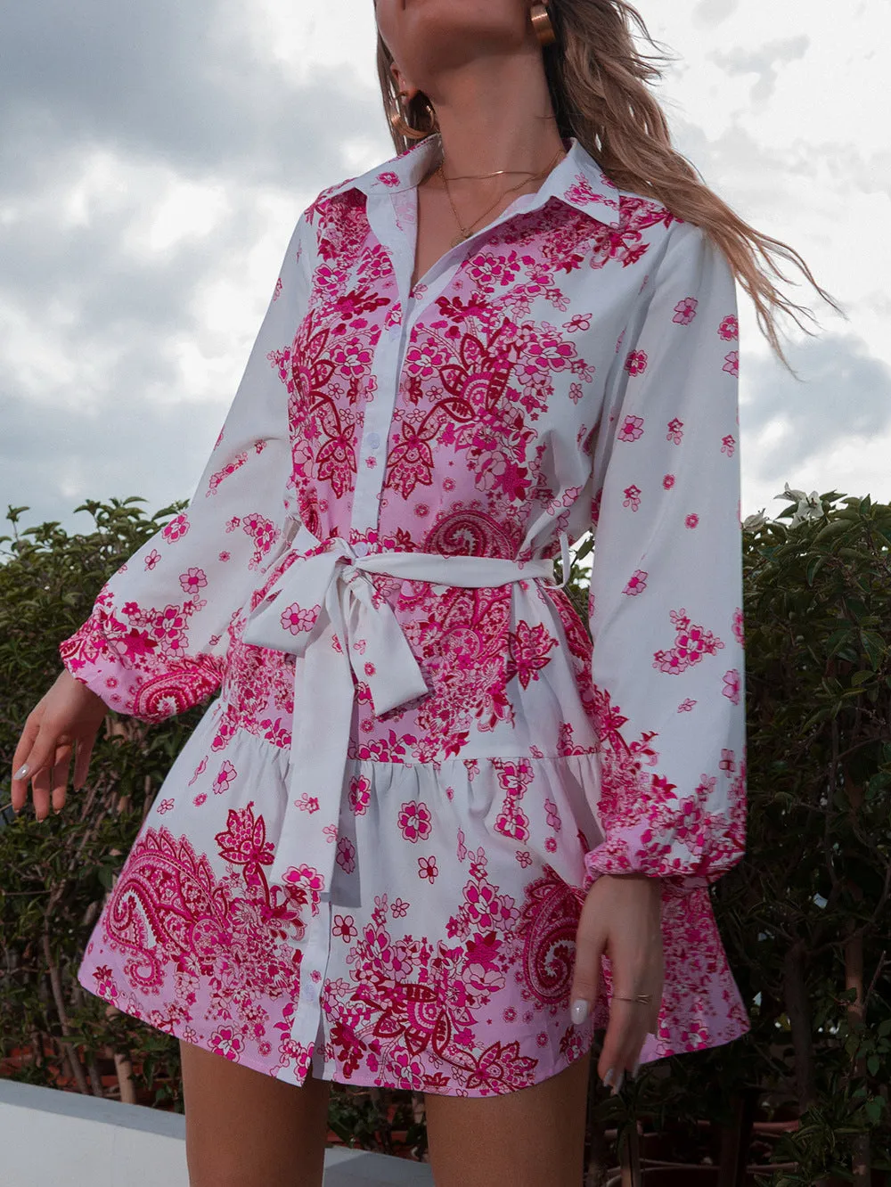 New lapel single-breasted bow waist dress