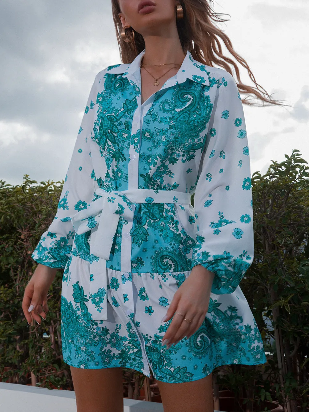 New lapel single-breasted bow waist dress