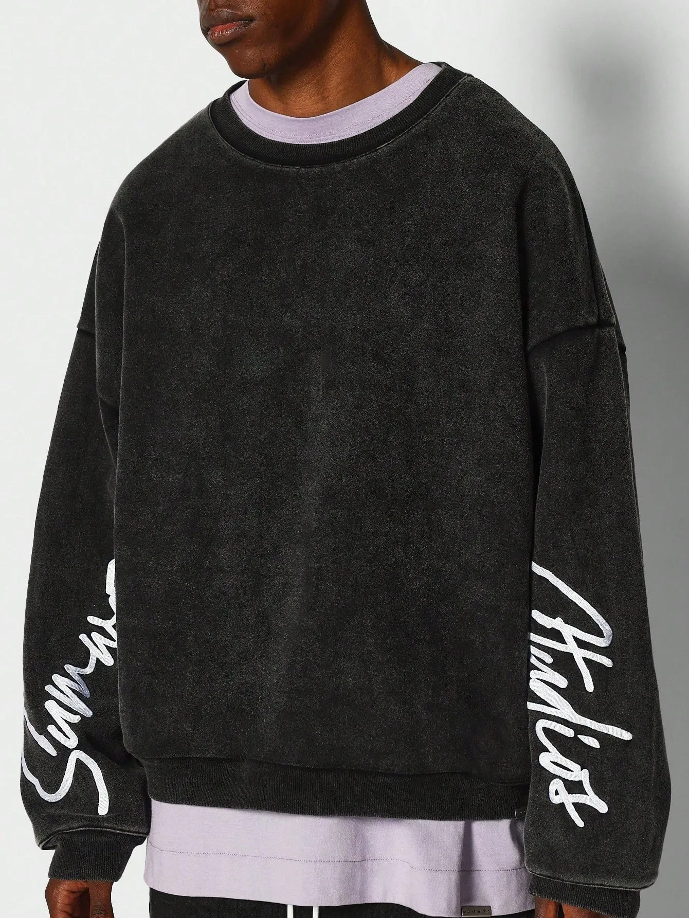 Oversized Fit Drop Shoulder Washed Sweatshirt With Embroidered Sleeves