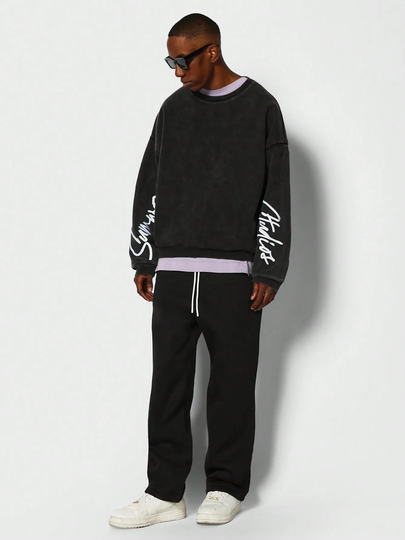 Oversized Fit Drop Shoulder Washed Sweatshirt With Embroidered Sleeves