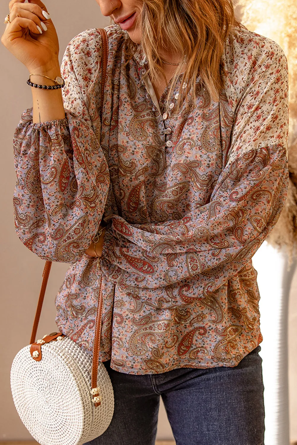 Paisley Pattern Floral Patch Long Sleeve Blouse
