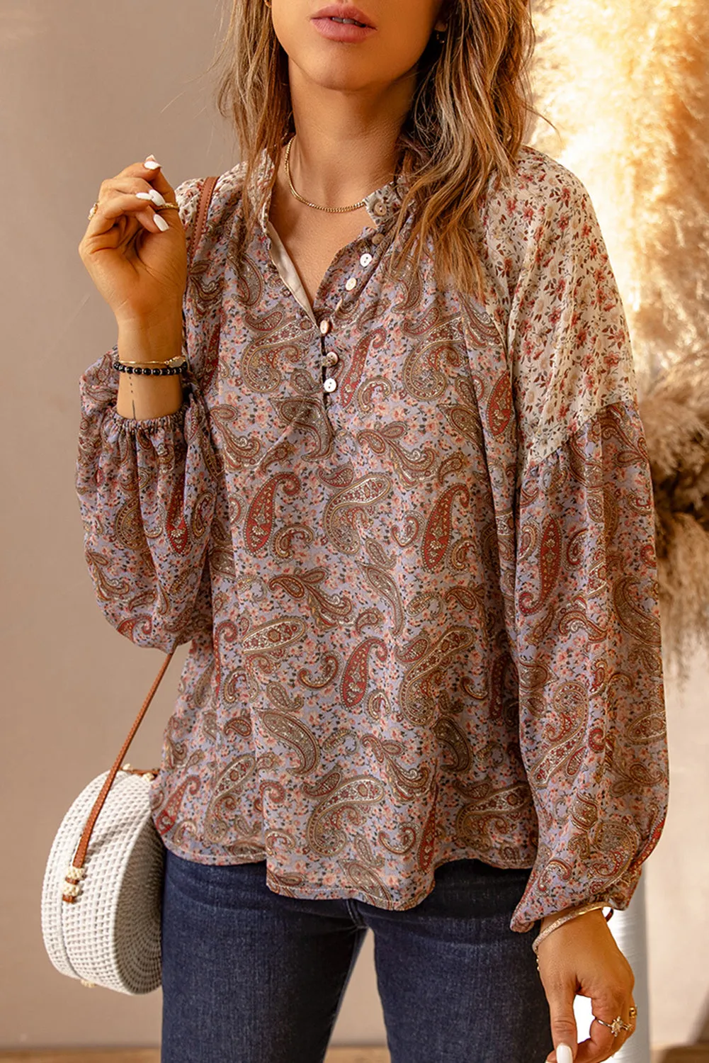 Paisley Pattern Floral Patch Long Sleeve Blouse