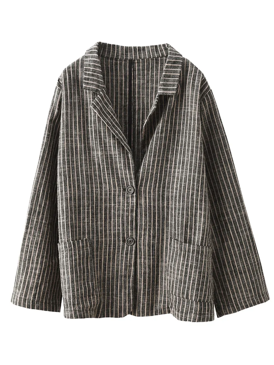 Plus Size Women Vintage Stripe Spring Linen Shirt Pants