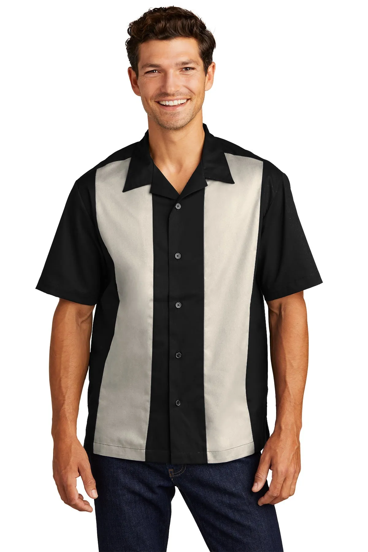 Port Authority Retro Branded Camp Shirts, Black/Light Stone