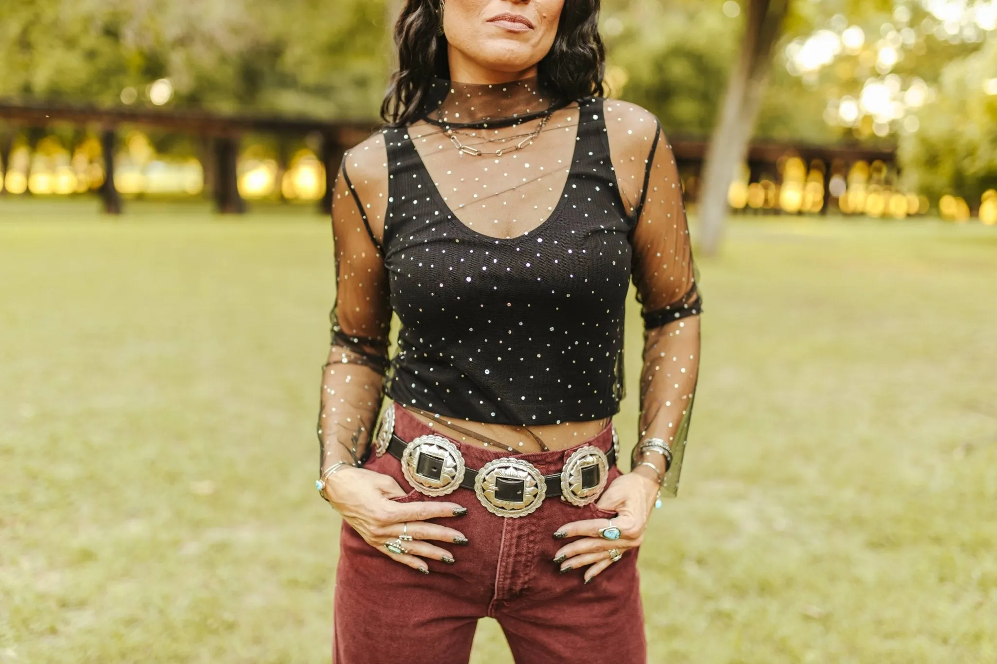 Sequin Mesh Long Sleeve Top - Black