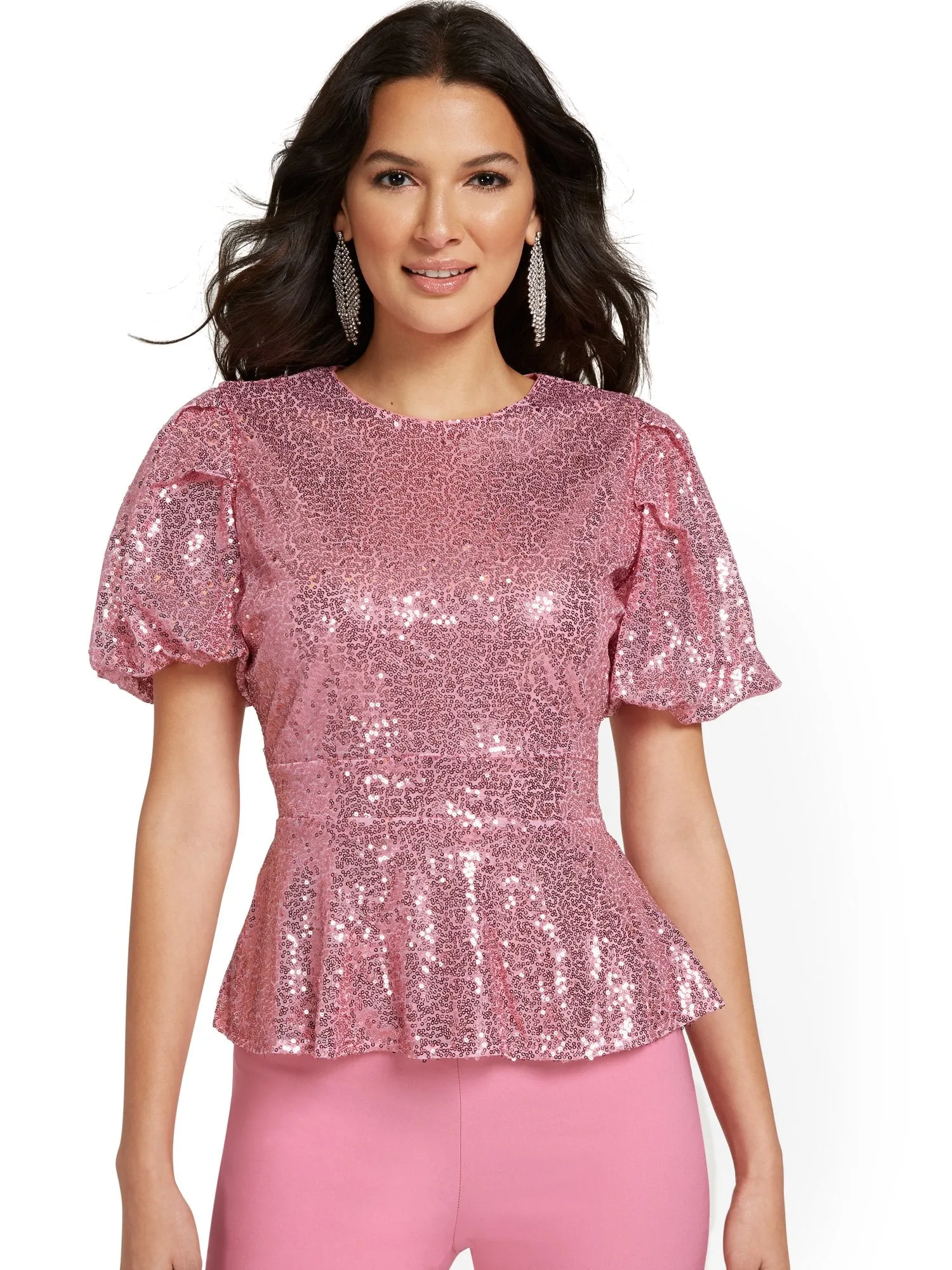 Sequin Puff-Sleeve Peplum Top