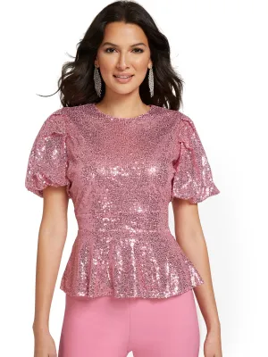 Sequin Puff-Sleeve Peplum Top