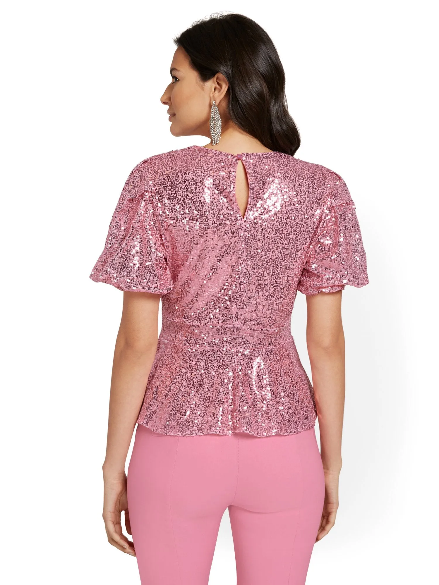 Sequin Puff-Sleeve Peplum Top