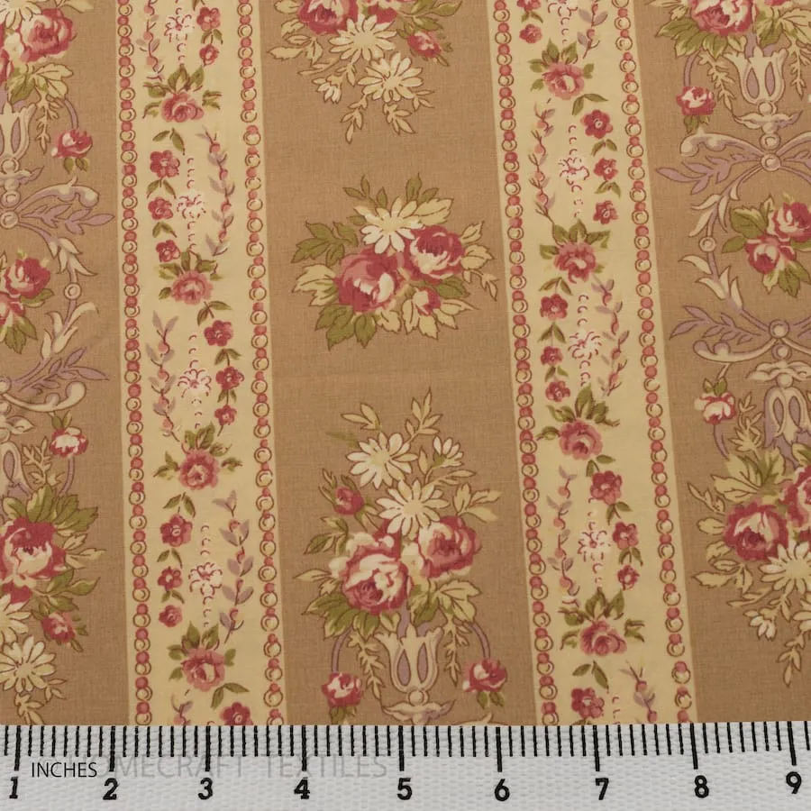 Tan Vintage Bouquet Stripe Cotton Print