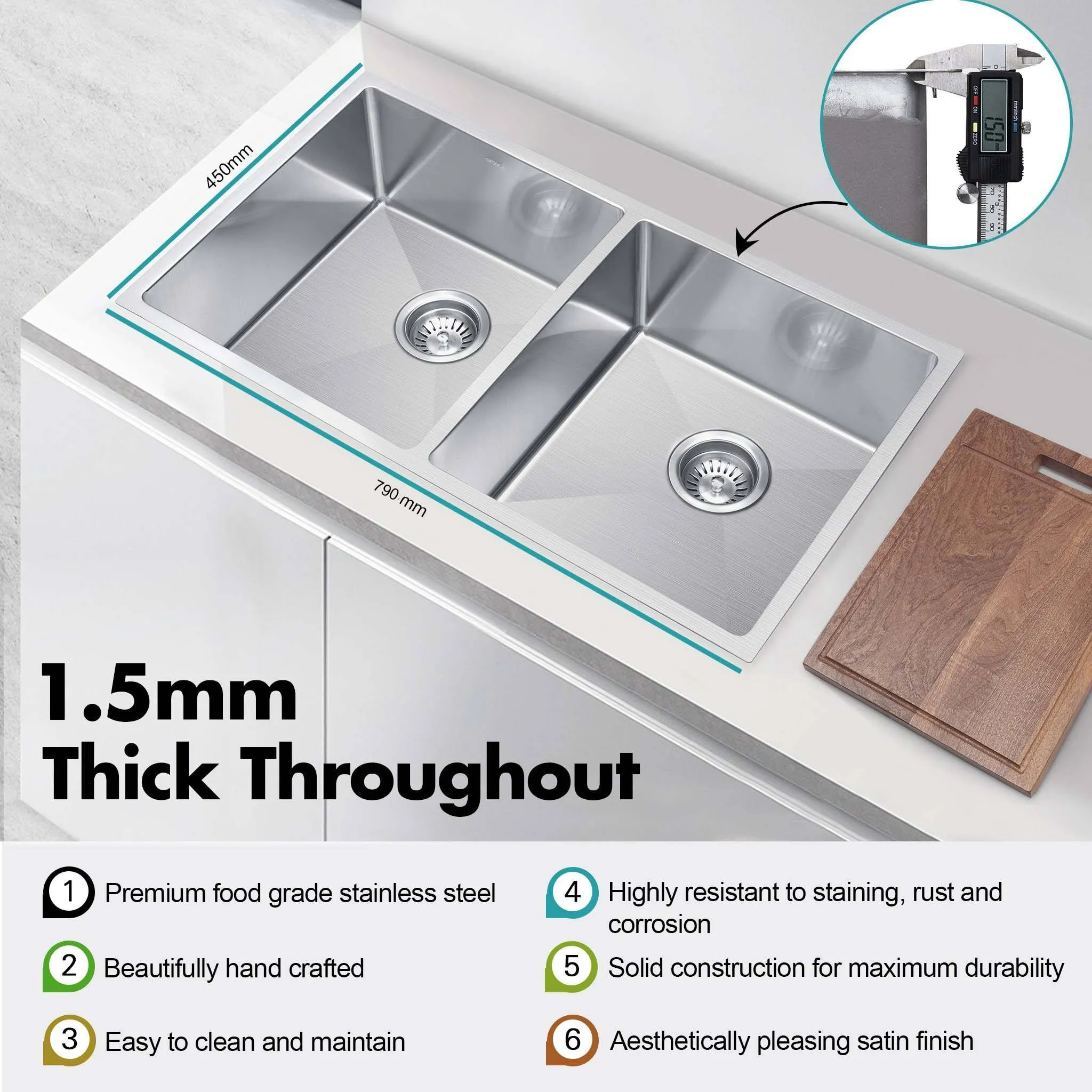 ULTIMO 1.5mm 790W x 450D Double Bowl Sink - SSD7945D