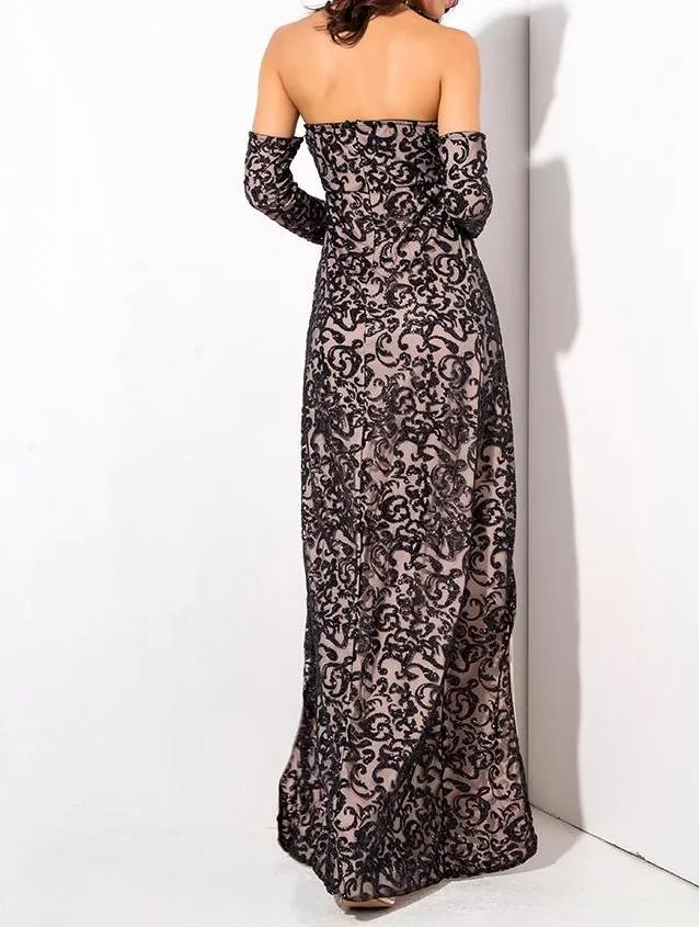 Vanderlily Long-Sleeved Black Lace Detailed Maxi Gown