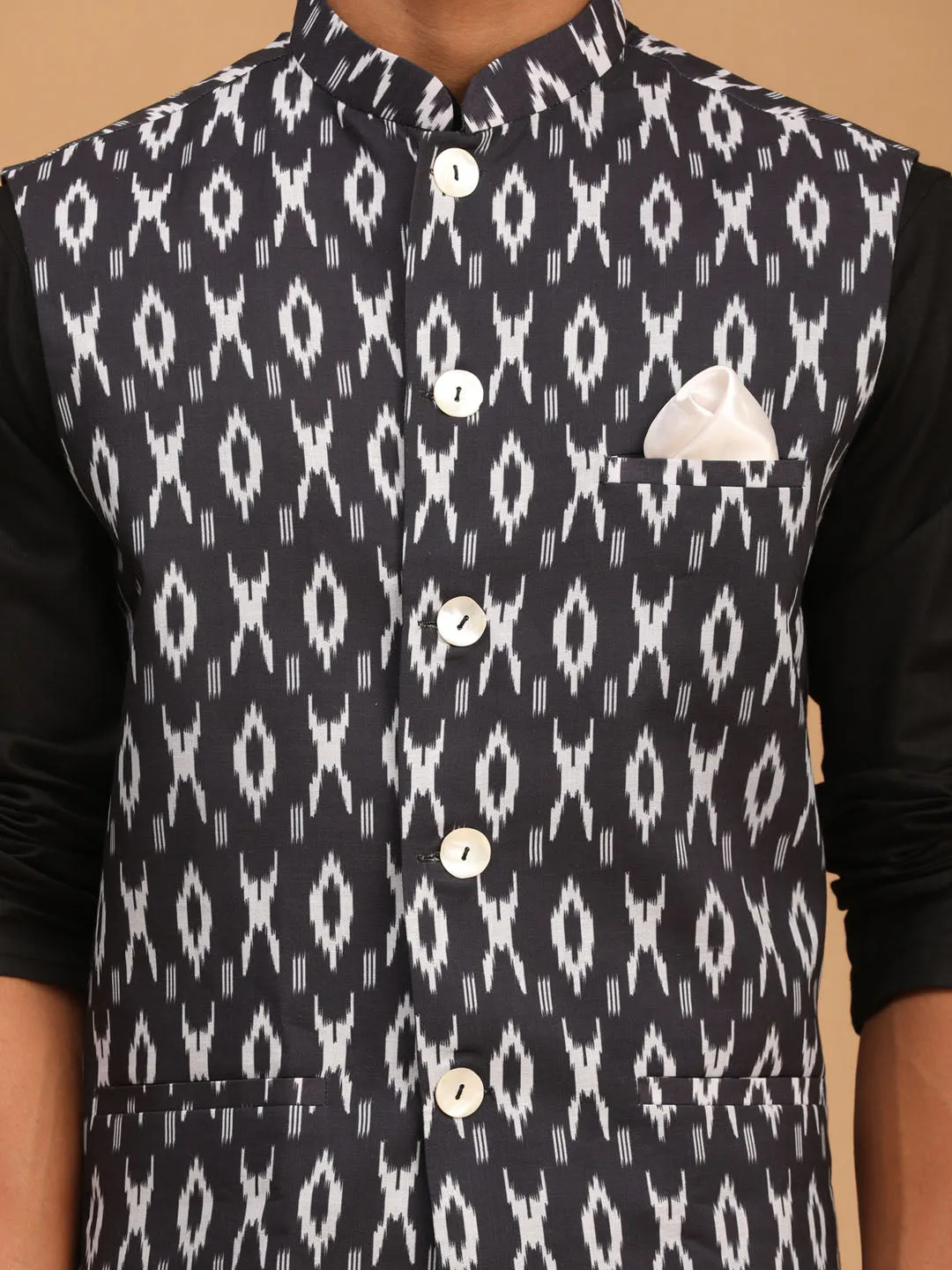 VASTRAMAY Black Ikaat Nehru Jacket Set