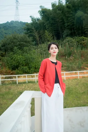 Woman Linen and Cotton Fashion Casual Long Sleeves Jacket, Alexia Jacket - Rust Red